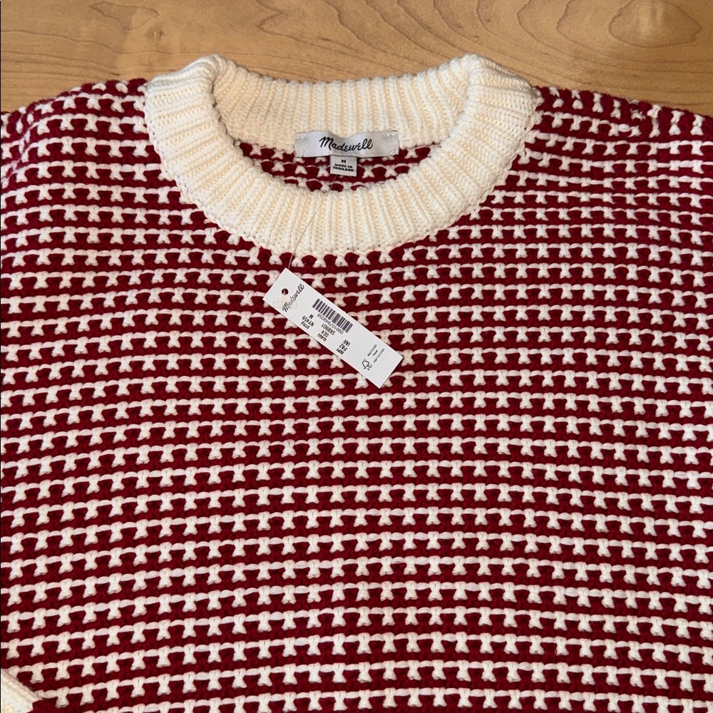 Women’s Madewell Textured Stitch Crewneck Sweater in  Ivory and Ruby Stripe M - Picture 5 of 12